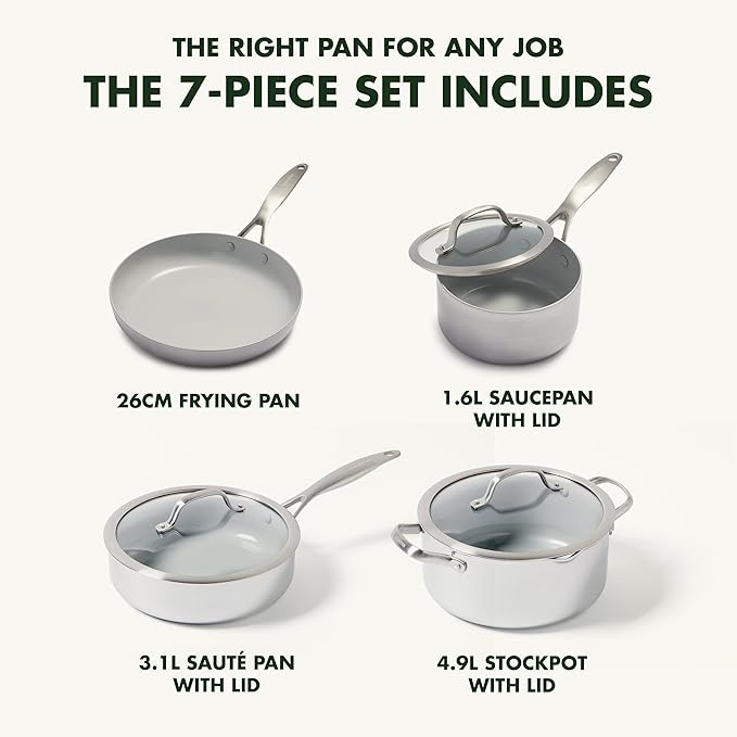 GreenPan Venice Pro Tri-Ply Stainless Steel Healthy Ceramic Nonstick 7 Piece Cookware Pots and Pans Set PFAS-Free Multi Clad Induction Dishwasher Safe Oven Safe Silver