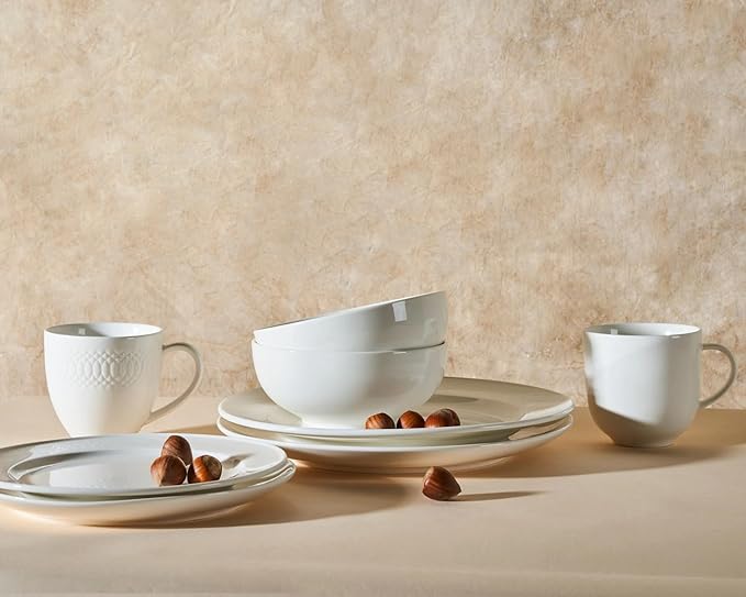 Anders and White 'Classica' - White Ethical Bone China Dinner Set. 12 Pieces Dinnerware Set. Contains 4X Dinner Plates Side Plates and Bowls. Vegan Friendly.