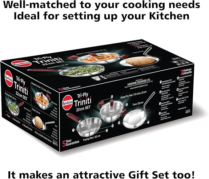 Hawkins Triniti 3 Pieces Triply Stainless Steel Cookware Set 2 - Frying Pan Tava Deep-Fry Pan with Glass Lid Silver (SSET2)