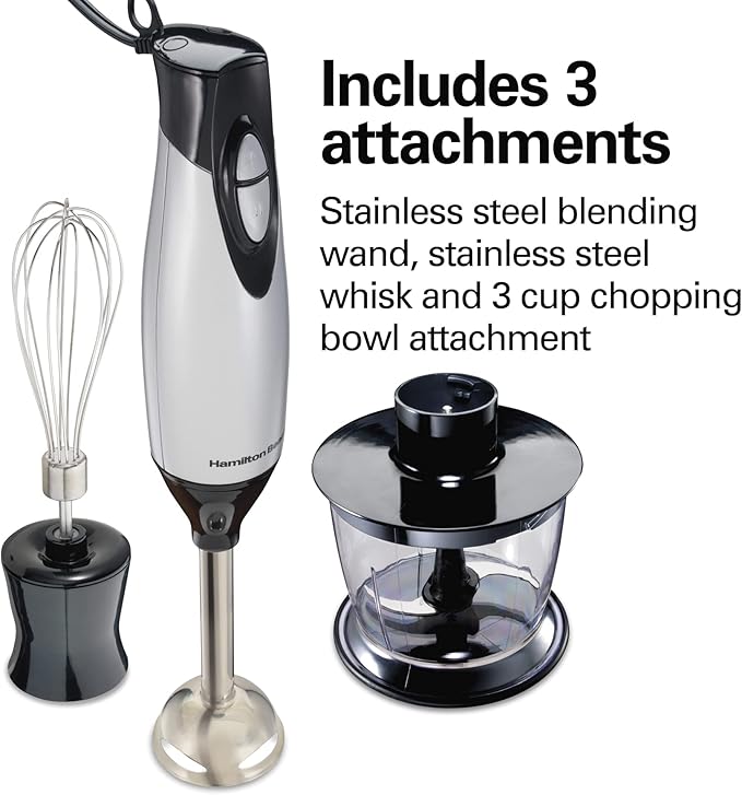 Hamilton Beach 4-in-1 Electric Immersion Hand Blender with Handheld Blending Stick Whisk + 3-Cup Food &amp Vegetable Chopper Bowl 2-Speeds 225 Watts Silver and Stainless Steel (59765)