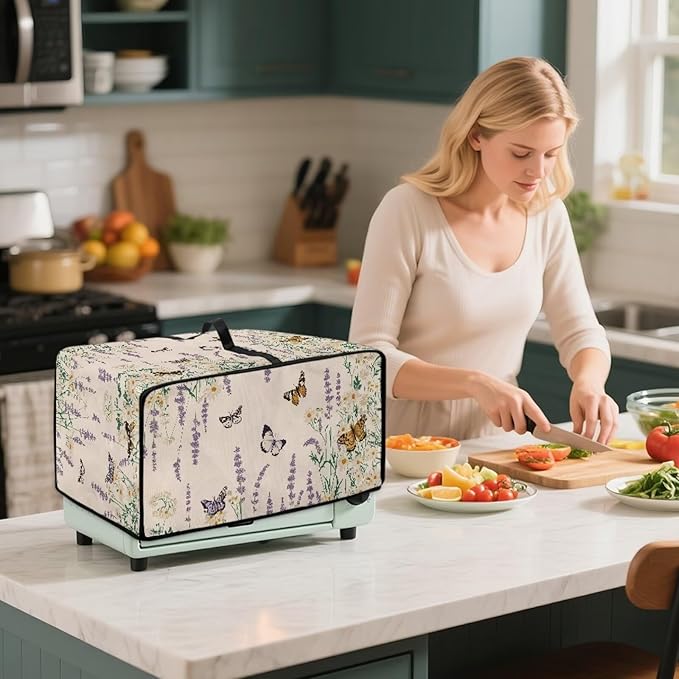 Butterfly Floral Print Toaster Oven Dust Cover with Accessory Pockets Heavy Duty Smart Microwave Oven Protector Heat Resistant Bread Maker Cover Pink
