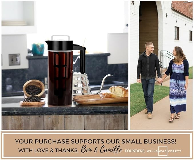 Willow &amp Everett Cold Brew Coffee &amp Iced-Tea Maker Pitcher 1.3 L Glass Dispenser Metal &amp Plastic Lid Mesh Filter Iced Coffee &amp Sun Tea Brewing System
