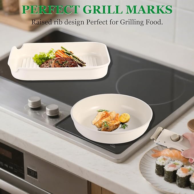 12 PCS Kitchen Cookware Set Aluminum non stick pan Removable &amp microwaveablewith Induction Pot Pan Set for RV CookwareOven Safe PFOA Free(White)