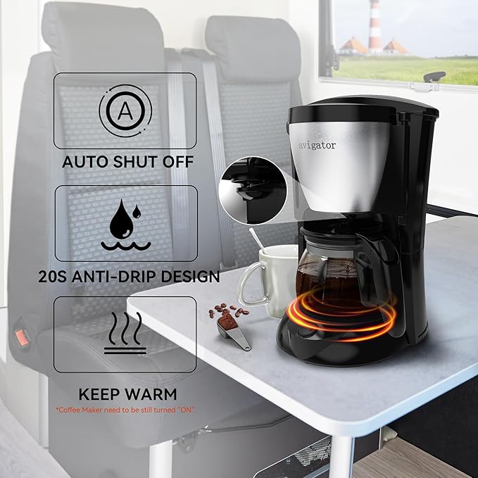 Portable Coffee Maker For Camping Compact Drip Coffee Maker Brewer Includes 22 oz Glass Carafe Reusable Powder Filter Black12V Socket