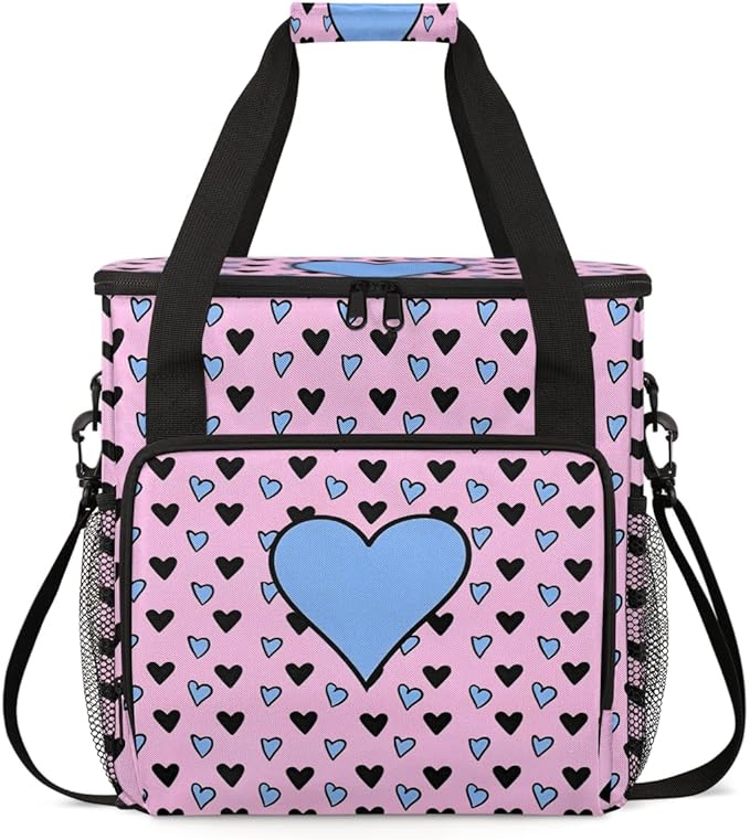 Pink &amp Blue Heart Coffee Maker Carrying Bag Portable Travel Storage Tote Bag Compatible with K-Mini or K-Mini Plus Single Serve Coffee Brewer Carrying Case with Multiple Pockets &amp Shoulder S