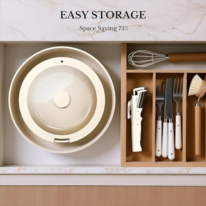 Pots and Pans Set Non Stick Ceramic Cookware Set Detachable Handle RV Camping Kitchen Cooking Set Removable Handles Dishwasher/Oven/Fridge Safe Induction Space SavingCream White