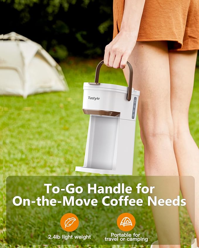 Single Serve One Cup Coffee Maker for K Cups and Grounds Mini Coffee Maker with Portable Handle 6 to 12 Oz Brew Size for Travel Camping Office RV and Dorm 120V White and Brown