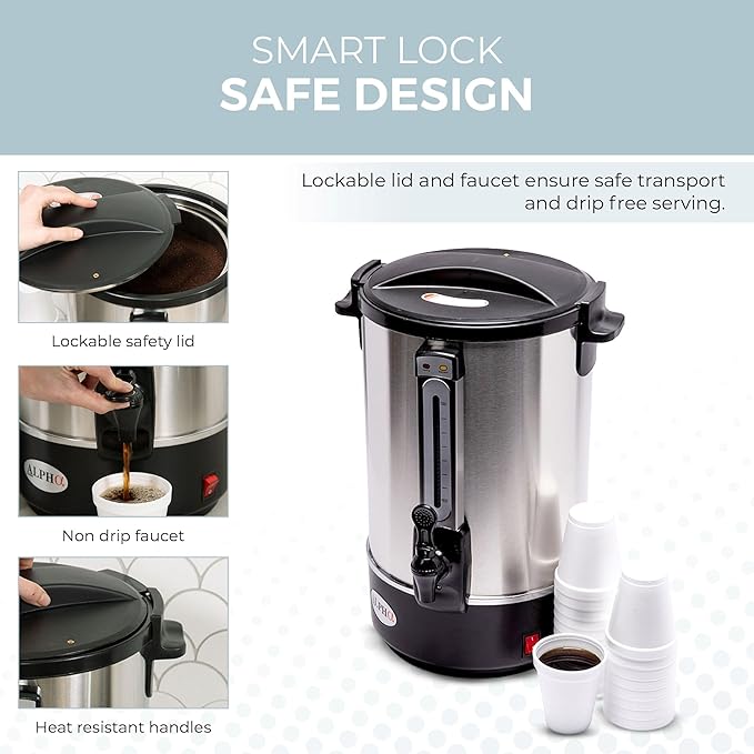 ALPHA LIVING 100 Cups Electric Coffee Urn – Stainless Steel Large Capacity Electric Kettle Percolator Coffee Pot – Ideal Hot Beverage Dispenser for Catering Hotels Restaurants –Leak-Proof Tap