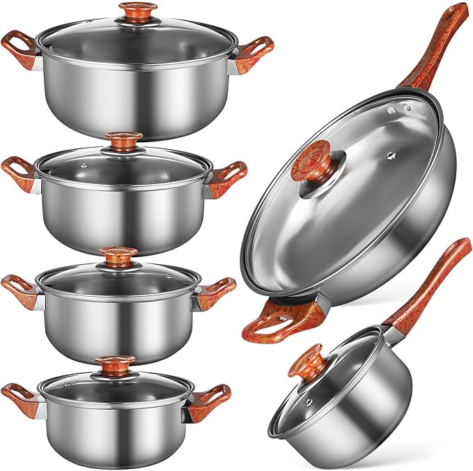 ABOOFAN 6pcs Nonstick Stainless Steel Cookware Set Grain Handles Versatile Pots and Pans for Induction Electric and Gas Stovetops Easy to Clean Cooking Pots Set