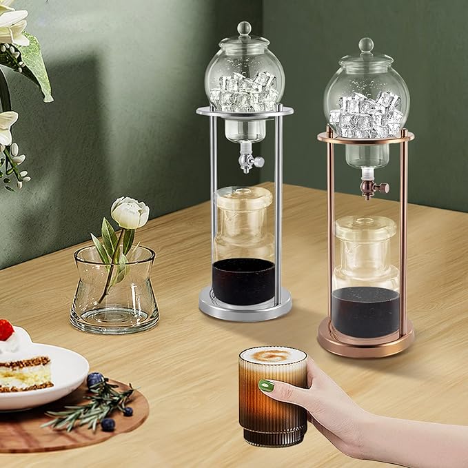 Luxury Ice Cold Brew Dripper Coffee Maker 600ml Cold Brew Coffee Maker - Glass Ice Dripper for Slow-Drip Iced Coffee &amp Cold Brew Silver Finish Home Barista &amp Iced Coffee Lovers
