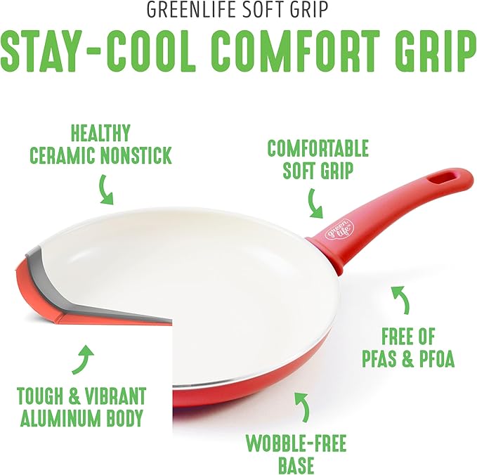 GreenLife Soft Grip 16 Piece Healthy Ceramic Nonstick Cookware Set Pots and Pans Set 6-Quart Slow Cooker PFAS &amp PFOA-Free Dishwasher Safe Oven Safe Versatile Kitchen Essentials Red