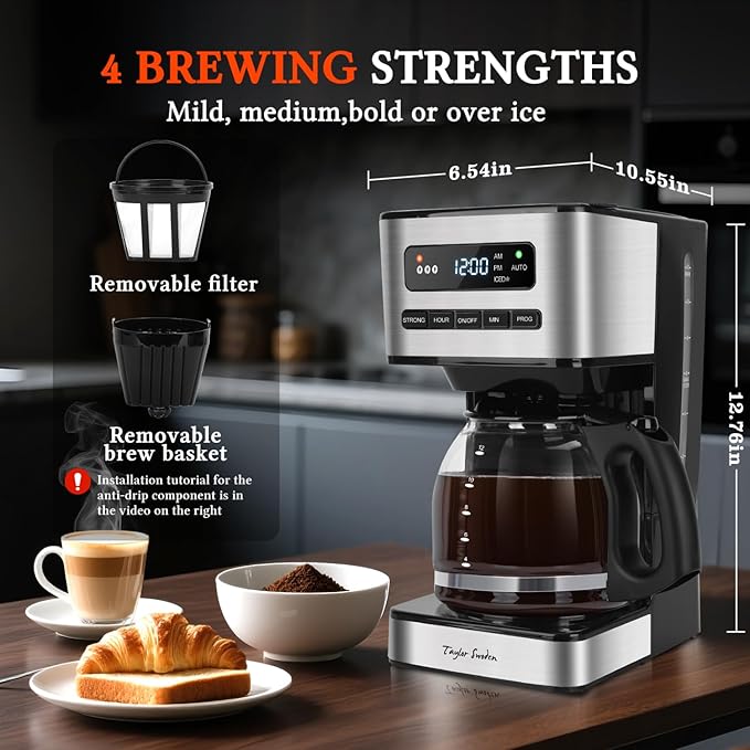 Taylor Swoden Programmable Coffee Makers 12 Cup Hot and Iced Coffee Maker 4 Brew Strength LED Display 24H Timer Keep Warm&ampAuto Shutoff- Drip Coffee Machine for Home/Office Black &ampStainle