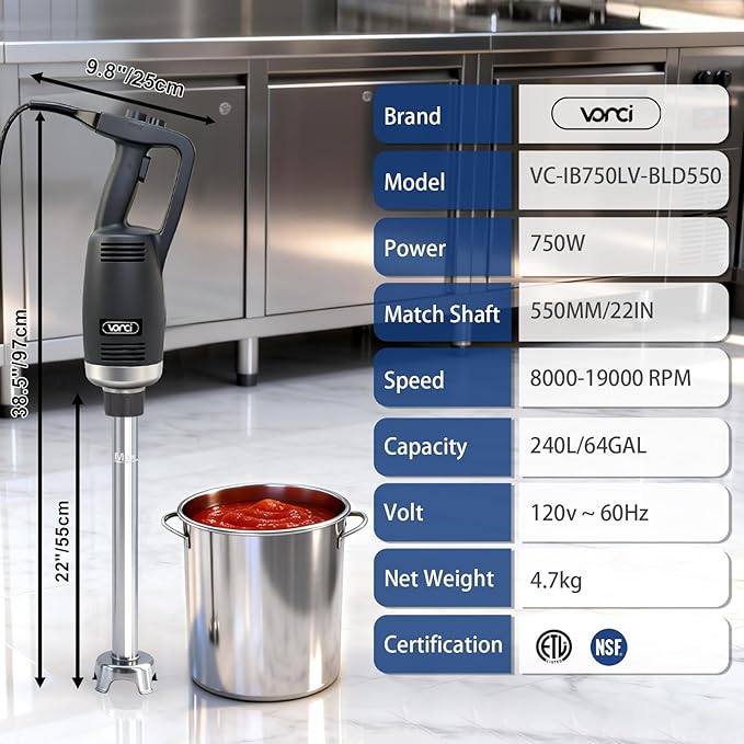 VONCI 750W Commercial Immersion Blender Extra Heavy Duty Hand Blender with Variable Speed 8000-19000RPM Handheld Stick Mixer with 22 SUS 304 Shaft Commercial Emulsifier for Restaurant Kitchen.