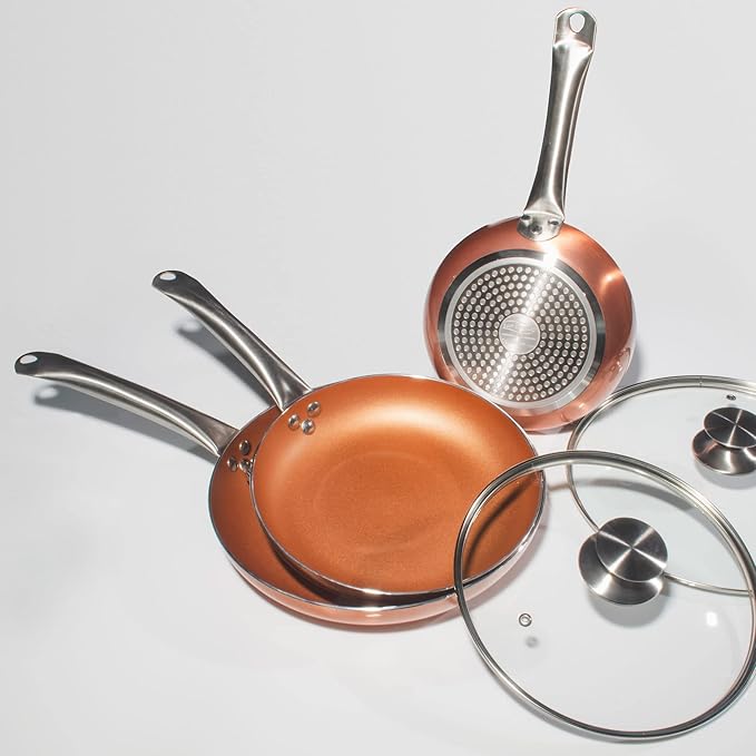 San Ignacio Optimum Cooper-Set of 5 Pieces: 3 Frying Pans 2 Lids-Copper Effect-20/24/28 cm - Non-Stick without PFOA-Induction and Gas Pressed Aluminium