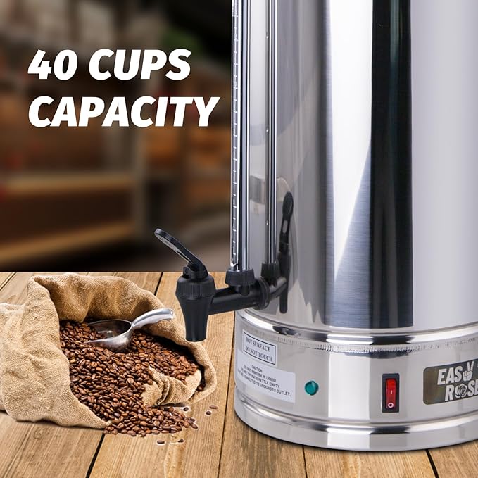 Commercial Coffee Urn 40-Cup (6.3 Qt) 1250W Stainless Steel Percolator with Removable Filter &amp Automatic Keep-Warm Function for Office Party &amp Catering Use