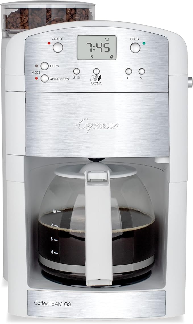 Capresso CoffeeTEAM GS 10-Cup Coffee Maker with Conical Burr Grinder Glass Carafe 464.02 White