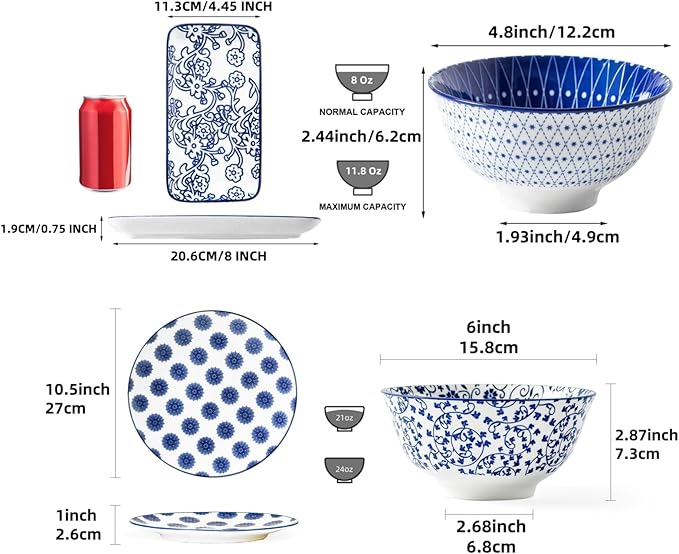 24 Pieces Ceramic Dinnerware - 12 Oz Dessert Bowls and 8.5 Inch Salad Plates and 24 Oz Cereal Bowls and 8.3 In Rectangle Serving Platters Sets - Service for 6 - Vintage Blue