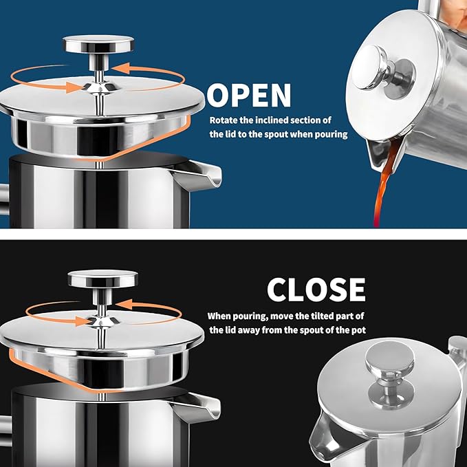MERMOO YILAN French Press 34oz Insulated Stainless Steel Coffee Maker Unbreakable Coffee Press Easy to Clean for Home Camping Travel (Silver)