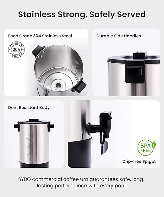 SYBO 6L Commercial Coffee Maker Stainless Steel Coffee Urn With Cool-Touch Handles Electric Coffee Pot Hot Beverage Dispenser Quick-Brewing Coffee Urn For EventsParty &amp Catering - 45 Cup