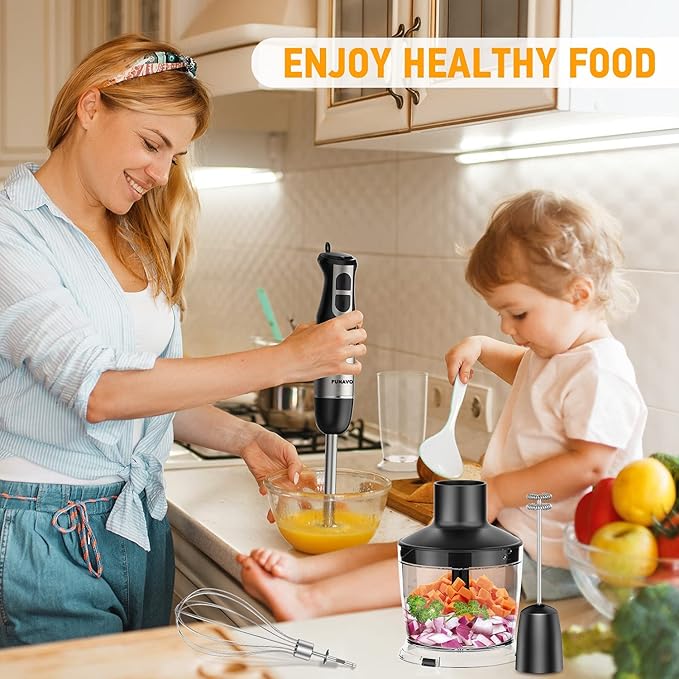 Hand Blender 800W 5-in-1 Immersion Hand Blender 12-Speed Multi-function Stick Blender with 500ml Chopping Bowl Whisk 600ml Mixing Beaker Milk Frother Attachments BPA-Free