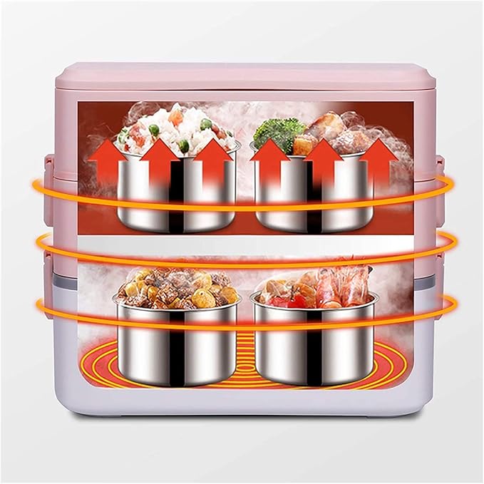 Electric Lunch Box Mini Rice Cooker 2 Layers Steamer Lunch Box for Home Office School Travel Cook Raw Food 2L