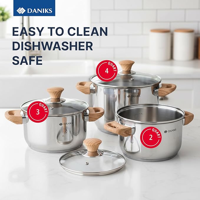 Daniks Oslo 6-Piece Stainless Steel Cookware Set with Glass Lids Tri-Ply Bases for Even Heating Induction Compatible Dishwasher Safe Bakelite Handles