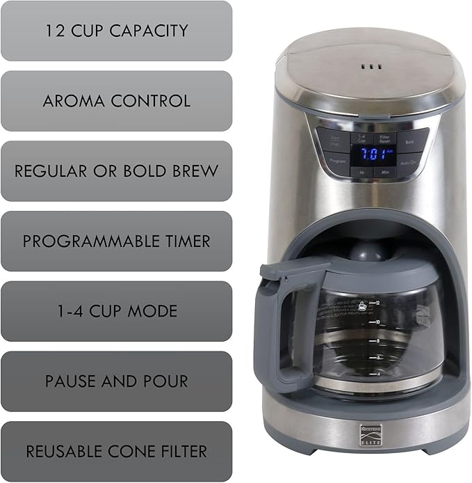 Koolatron Kenmore Elite Drip Coffee Maker - 12-Cup Programmable Coffee Machine With Glass Pot Pause and Pour Auto Shut-Off Large Water Reservoir Reusable Filter Dishwasher Safe Carafe