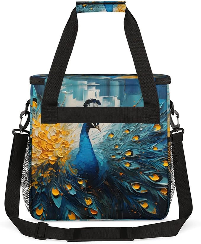 Peacock Print Coffee Maker Travel Bag for Keurig K-Mini/K-Mini Plus Insulated Waterproof Tote with Pockets for K-Cup Portable Single-Serve Brewer Case