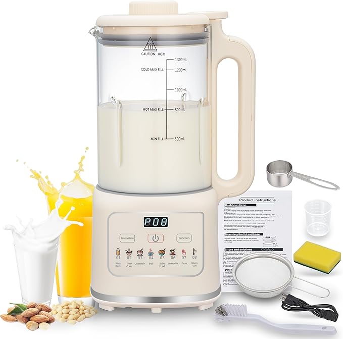8 in 1 Nut Milk Maker Blender With 20 Bladers40oz Soy Almond Oat Coconut Plant Based and Non Dairy Beverages Automatic Soybean Machine With Delay Start/Keep Warm/Boil Water/Auto-clean.