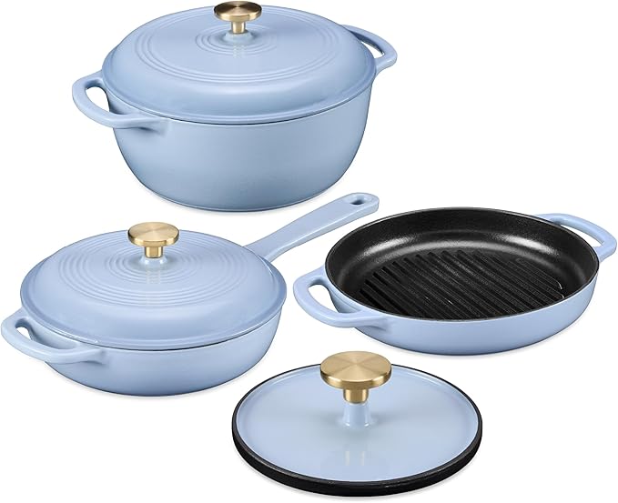 Best Choice Products Non-Stick Pot &amp Pan Cookware Set Cast Iron 2Qt Skillet W/Lid 10 Grill Or Griddle Pan W/Press 6Qt Enameled Dutch Oven Non-toxic For Cooking &amp Grilling - Cornflower