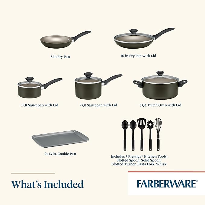 Farberware Dishwasher Safe Nonstick Cookware Pots and Pans Set 15 Piece Pewter