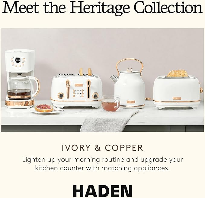 Haden Heritage 2 Slice Wide Slot Stainless Steel Toaster Bundled with 12 Cup Programmable Drip Coffee Maker Coffee Machine Ivory &amp Copper