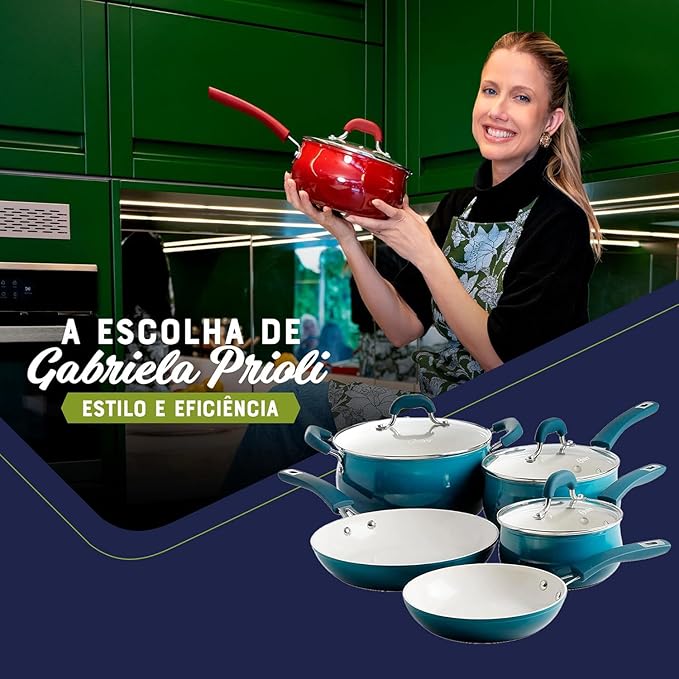 Corbett Piece Nonstick Aluminum Cookware Set – Ceramic Interior Soft Grip Handles Belly Shaped Pots and Pans for Even Heating (Teal 8 Pieces)