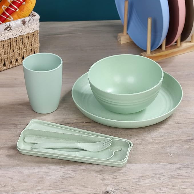 Wheat Straw Dinnerware Sets for 4 Wheat Straw Plates and Bowls Sets Kitchen Dishes 28pcs College Dorm Room Essentials Cutlery Set Microwave Safe (Colorful)