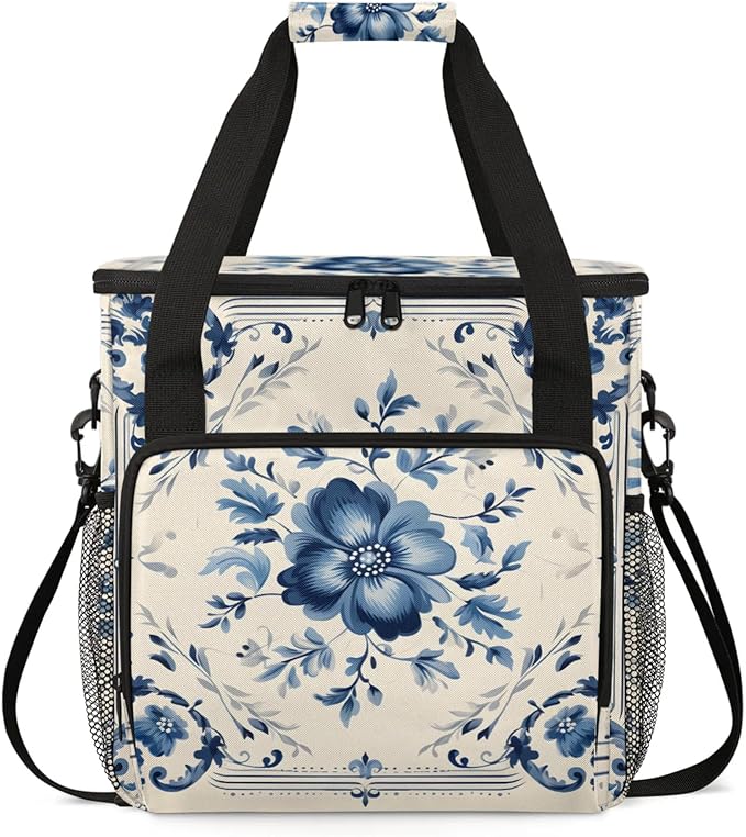 Blue Floral Pattern Coffee Maker Travel Bag for Keurig K-Mini/K-Mini Plus Insulated Waterproof Tote with Pockets Portable Single-Serve Brewer Case