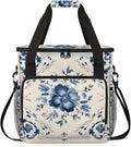 Blue Floral Pattern Coffee Maker Travel Bag for Keurig K-Mini/K-Mini Plus Insulated Waterproof Tote with Pockets Portable Single-Serve Brewer Case