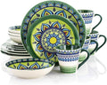 16 Piece Stoneware Dinnerware Set for 4 – Colorful Bohemian Style Plates and Bowls Microwave &amp Dishwasher Safe Rustic Glazed Finish (Green)