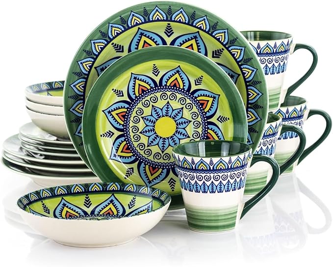 16 Piece Stoneware Dinnerware Set for 4 – Colorful Bohemian Style Plates and Bowls Microwave &amp Dishwasher Safe Rustic Glazed Finish (Green)