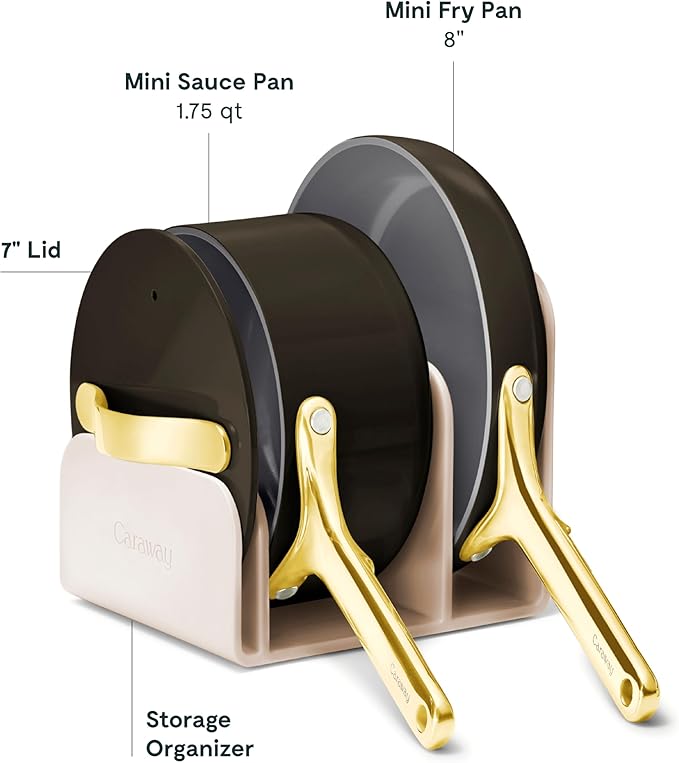 Caraway Mini Cookware Set - Non-Stick Ceramic Fry Pan (1.05 qt 8) Sauce Pan (1.75 qt) &amp Storage Rack - Non Toxic PTFE &amp PFOA Free - Oven Safe &amp Stovetop Agnostic (Gas Electric &amp In