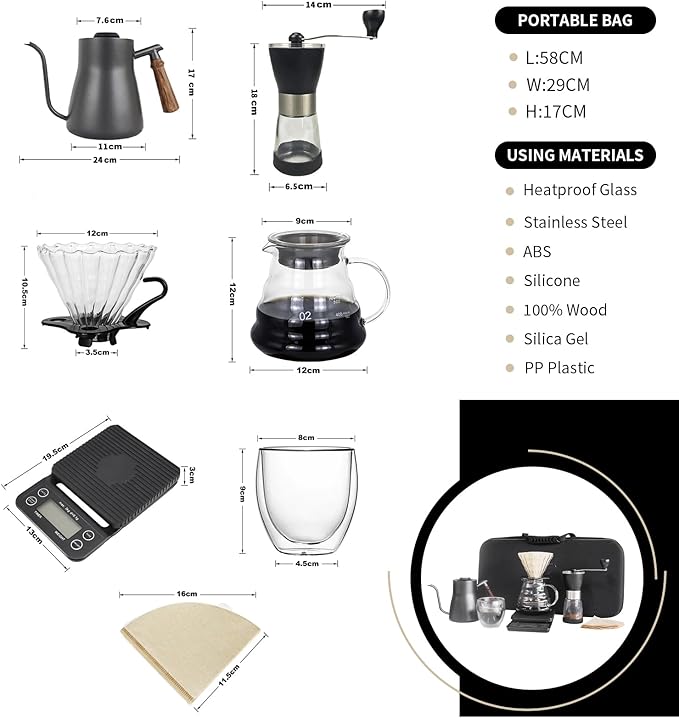 Pour Over Coffee Maker Set Portable coffee Set - Manual Coffee Grinder Coffee Dripper Set Gooseneck Kettletwo cups suitable for Camping RV Home and Office