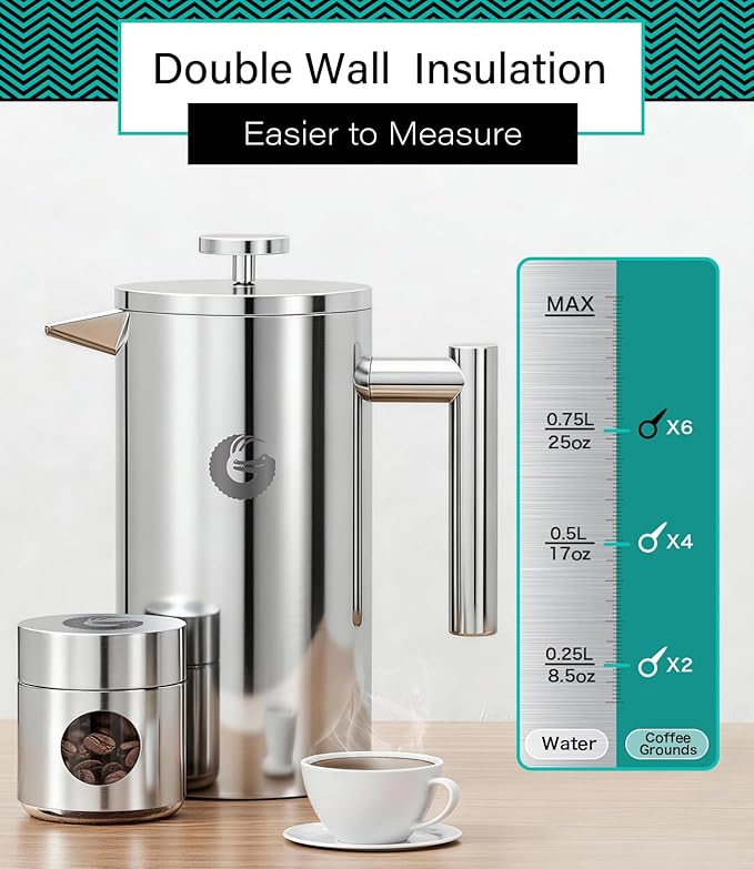 Coffee Gator 304 Grade Stainless Steel French Press Coffee Maker 34 oz Double Wall Insulated Teapot with 4-Level Filtration System Include Travel Jar Canister Rust-Free Dishwasher Safe Silver