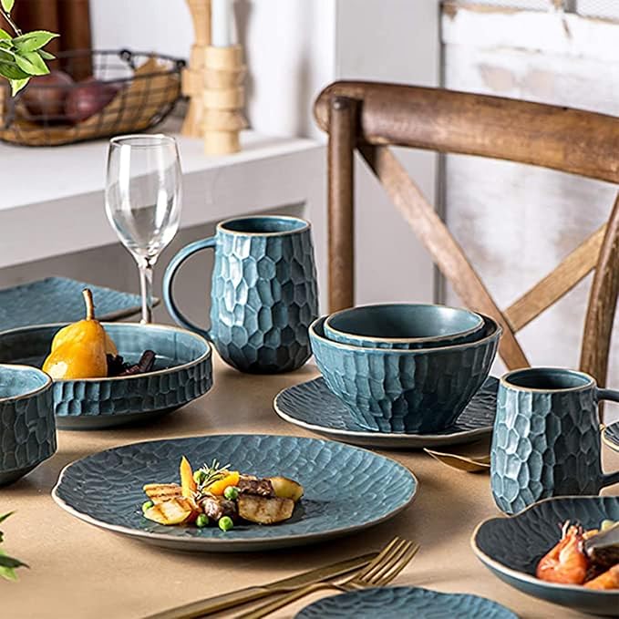 Ceramic Dinnerware Set 17 Pcs Matte Blue Porcelain Dinner Set Porcelain Bowls and Plates Sets Nordic Style Tableware Combination Set CER