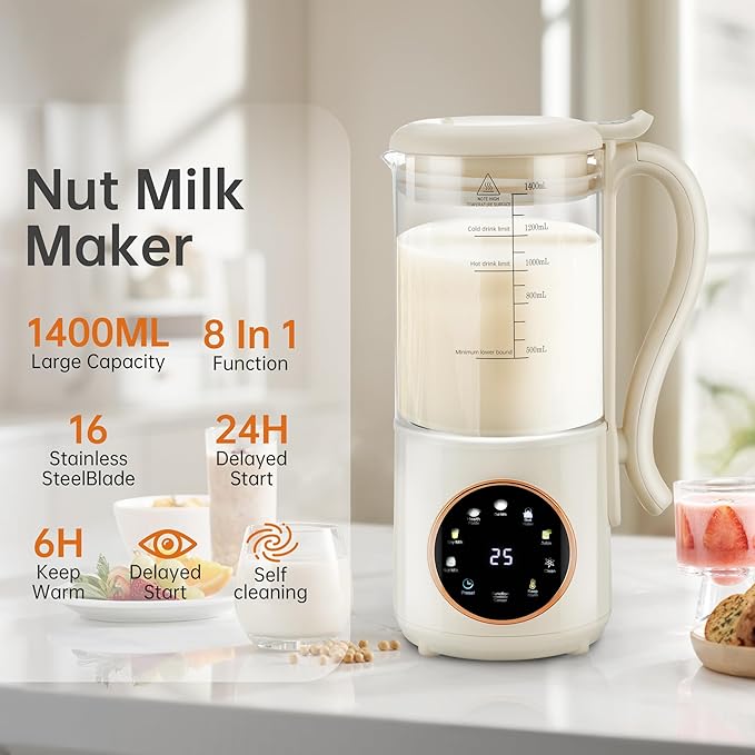 48 oz Nut Milk Maker Machine with 16 Blades 8 in 1 Automatic Homemade Almond Oat Soy Plant-Based Milk and Dairy Free Beverages Almond Maker Self-cleaning Keep Warm/24-Hour Delay