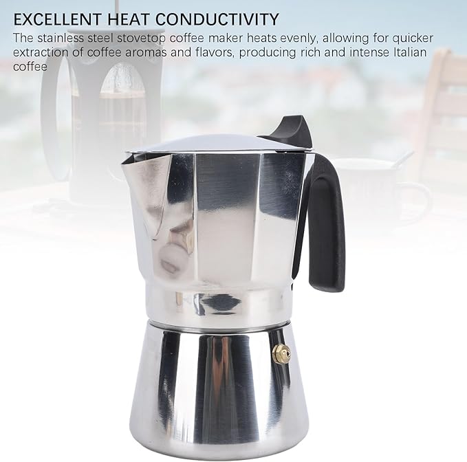 Jonlaki Stovetop Coffee Maker - Premium Stainless Steel Octagonal Design with Even Heat Distribution for Home and Outdoor Use 150ML Silver (300ML)