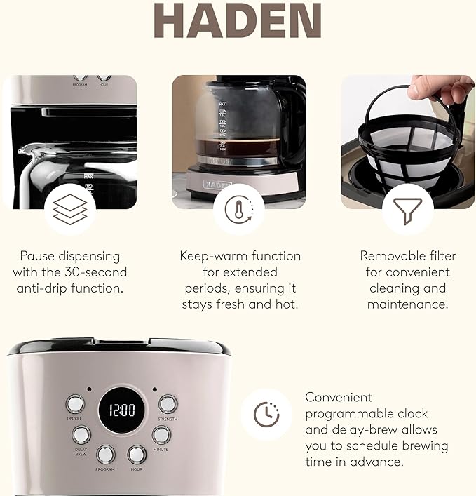 Haden 12 Cup Programmable Drip Coffee Maker Coffee Machine Bundled with Dorset 2 Slice Wide Slot Stainless Steel Toaster Putty &amp Chrome