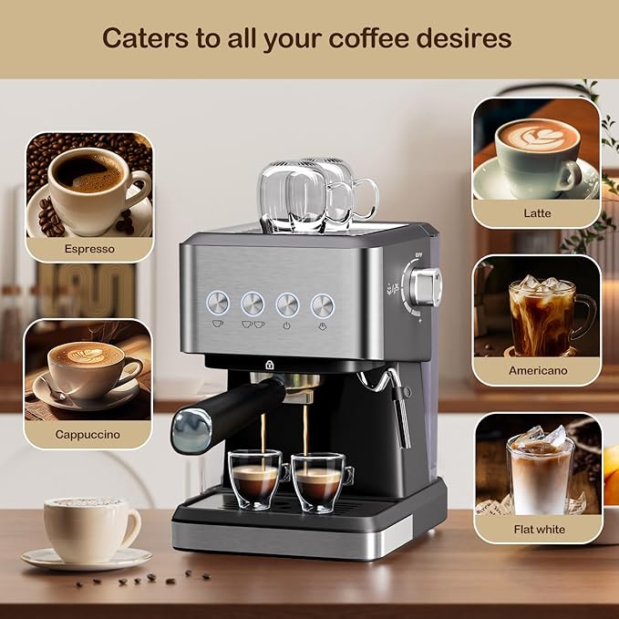 Espresso Machine with Milk Frother 20 Bar Espresso Maker for Cappuccino&ampLatte Compact Coffee Maker for Home&ampOffice 50oz Removable Water Tank Stainless Steel