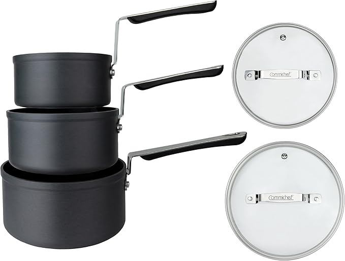 3-Piece Cookware Set Consisting of 14 cm Milk Pan 16 cm Saucepan with Lid and 18 cm Saucepan with Lid Stackable Anodised Aluminium