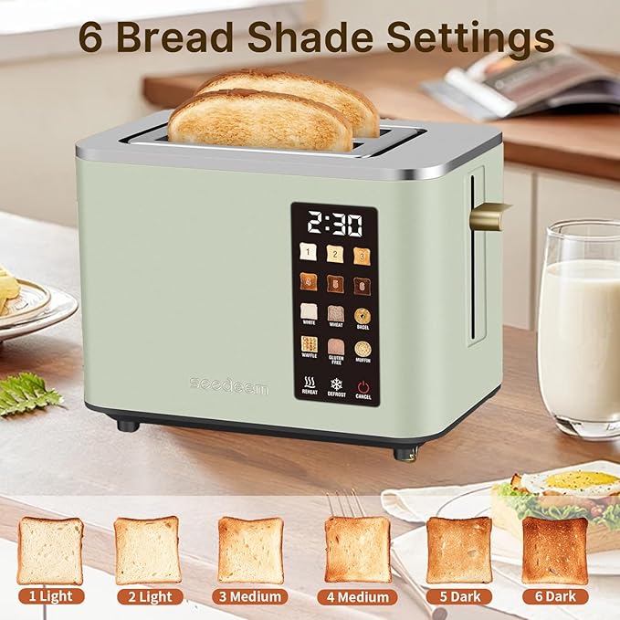 2-Slice Toaster with Touch Control 6 Shade Settings &amp 6 Bread Type 900W Removable Crumb Tray Countdown Display Smart Stainless Steel Design Green