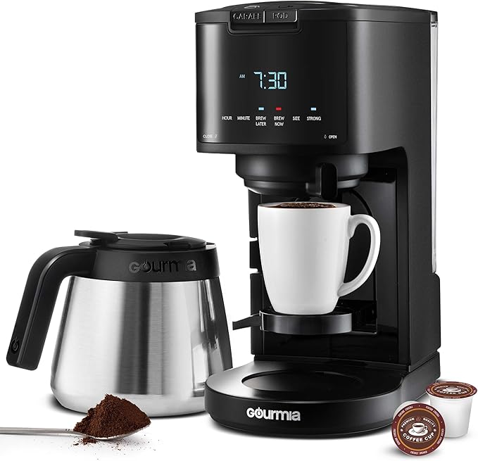 Gourmia 2-in-1 Single Serve and 12 Cup Coffee Maker - Drip Brew K-Cup Compatible Programmable Pause and Serve Removable Filter Thermal Carafe Black