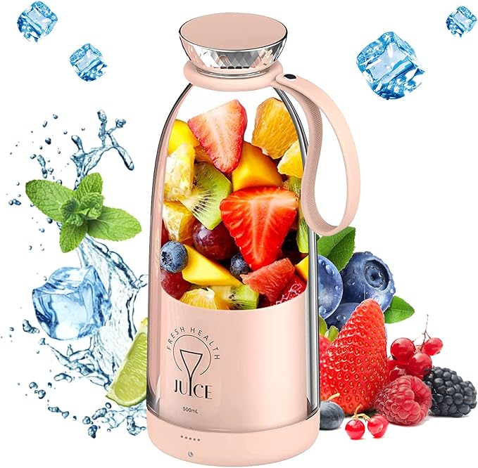 Portable Blender 500ML Personal Blender for Shakes and Smoothies Personal Size Blender Traveling Fruit Veggie Juicer Cup USB Rechargeable with Six Blades for Sports Travel and Outdoors (pink)